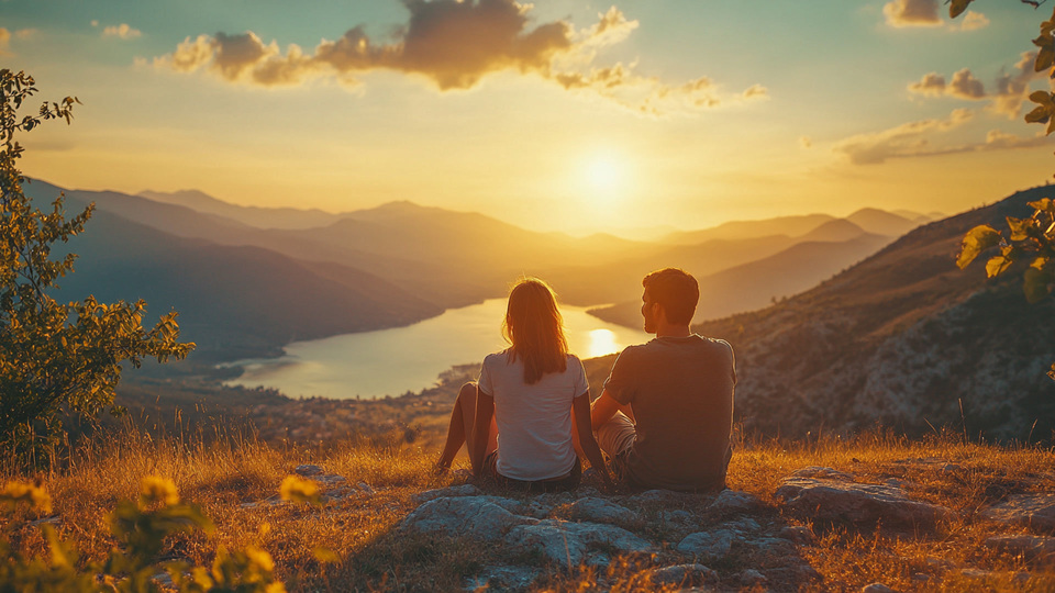 Paar übt Sprache bei Sonnenuntergang