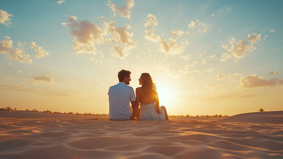 Paar übt Sprache bei Sonnenuntergang