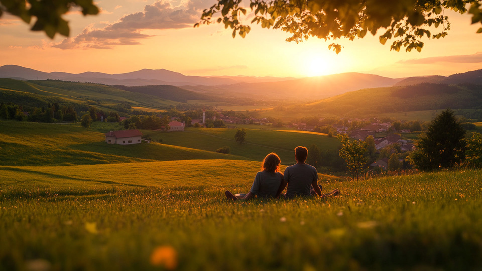Paar übt Sprache bei Sonnenuntergang