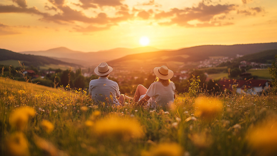 Paar übt Sprache bei Sonnenuntergang