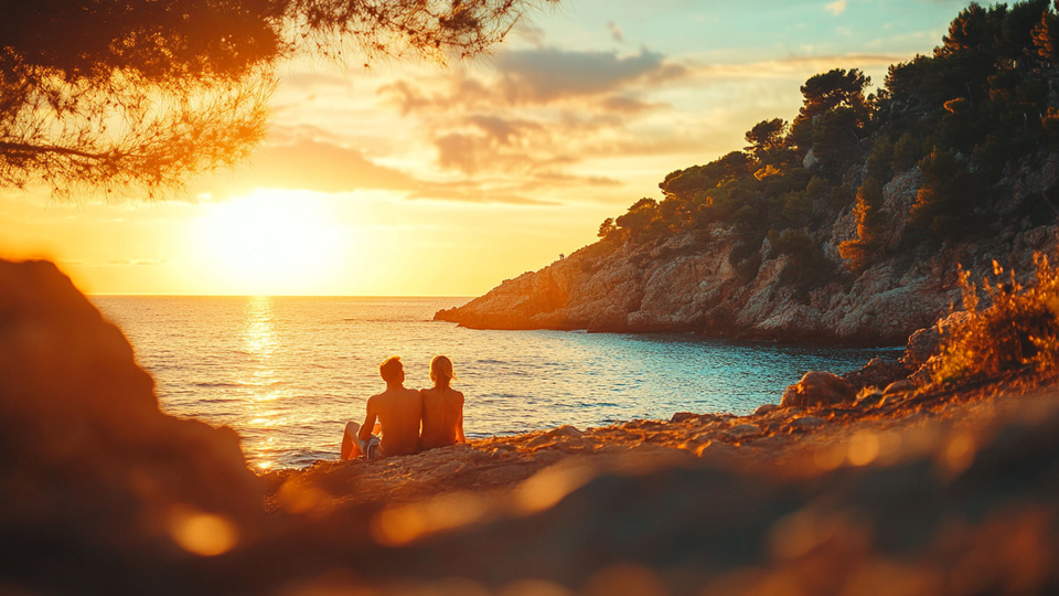 Paar übt Sprache bei Sonnenuntergang