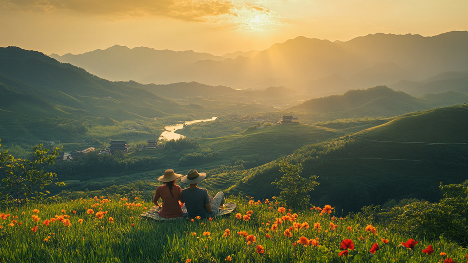 Paar übt Sprache bei Sonnenuntergang