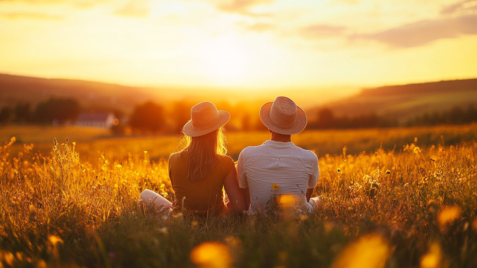 Paar übt Sprache bei Sonnenuntergang
