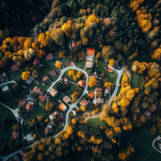 Drohnenaufnahme eines Dorfes im Land