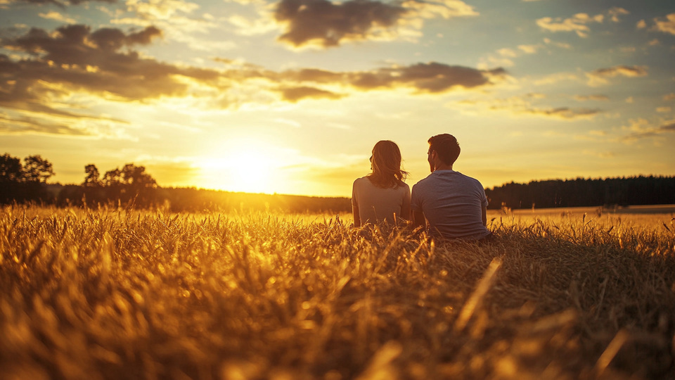 Paar übt Sprache bei Sonnenuntergang