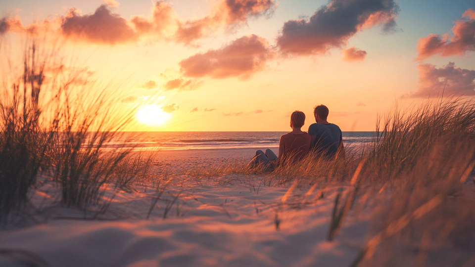 Paar übt Sprache bei Sonnenuntergang