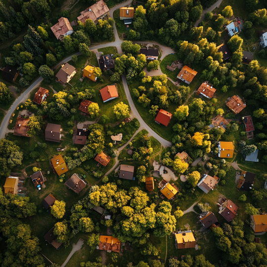 Drohnenaufnahme eines Dorfes im Land