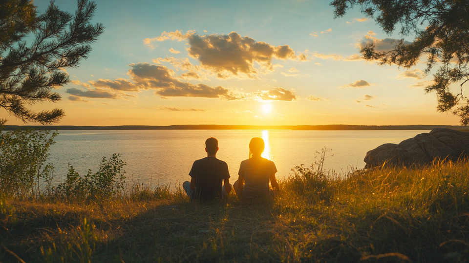 Paar übt Sprache bei Sonnenuntergang