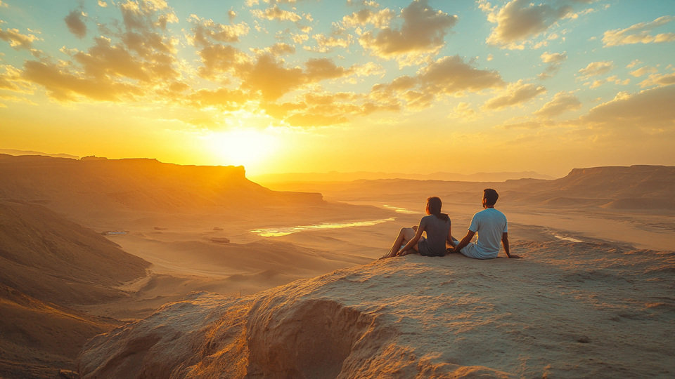 Paar übt Sprache bei Sonnenuntergang