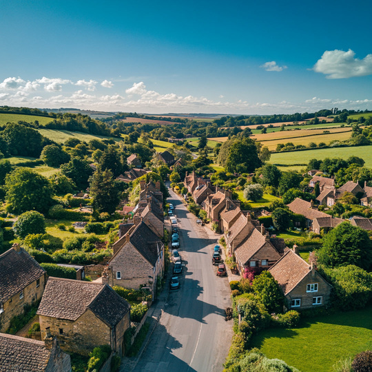 Drohnenaufnahme eines Dorfes im Land