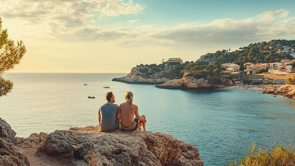 Paar übt Sprache bei Sonnenuntergang