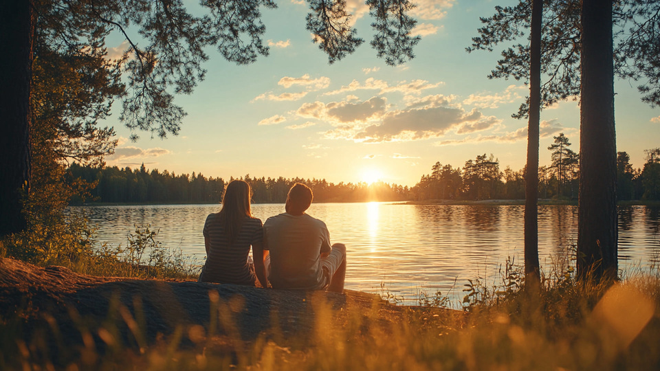Paar übt Sprache bei Sonnenuntergang