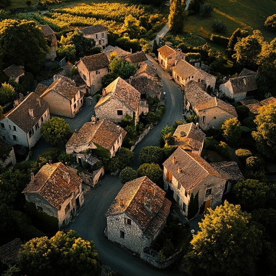 Drohnenaufnahme eines Dorfes im Land