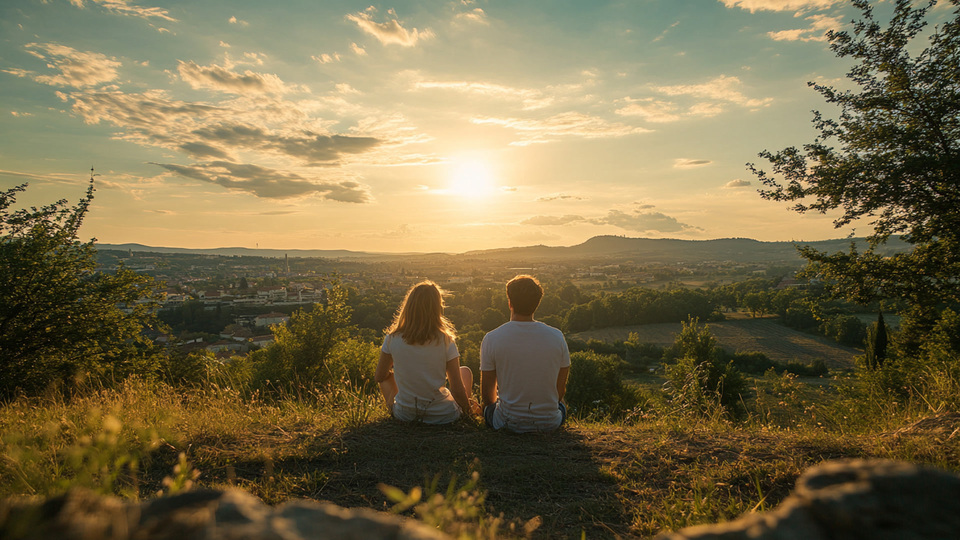 Paar übt Sprache bei Sonnenuntergang