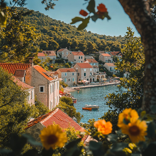Drohnenaufnahme eines Dorfes im Land