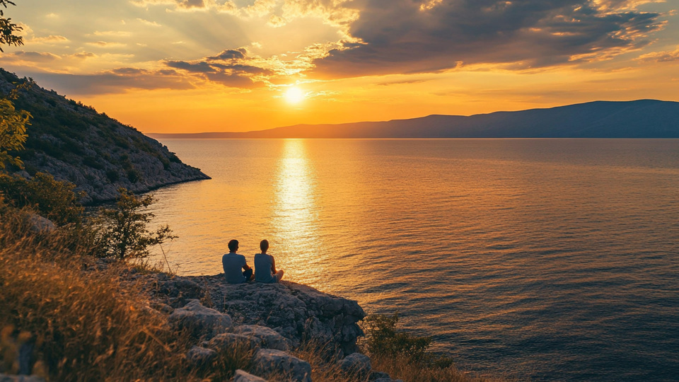 Paar übt Sprache bei Sonnenuntergang