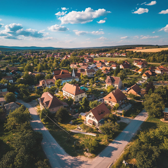 Drohnenaufnahme eines Dorfes im Land