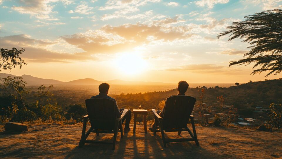 Paar übt Sprache bei Sonnenuntergang