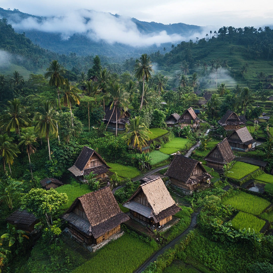 Drohnenaufnahme eines Dorfes im Land