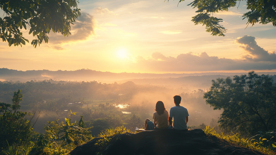 Paar übt Sprache bei Sonnenuntergang