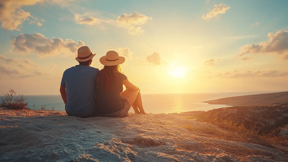 Paar übt Sprache bei Sonnenuntergang
