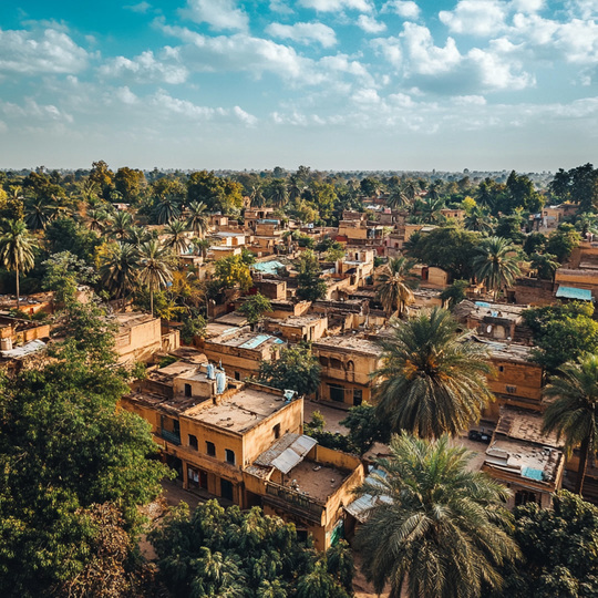 Drohnenaufnahme eines Dorfes im Land