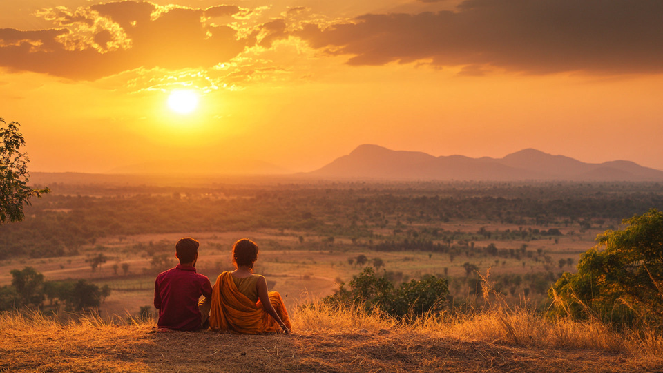 Paar übt Sprache bei Sonnenuntergang