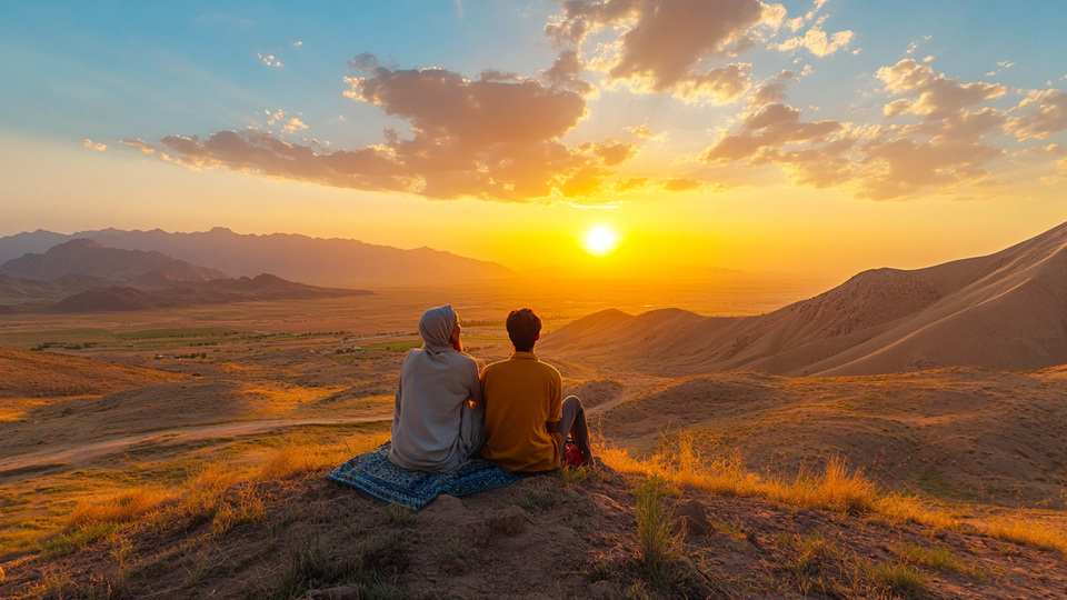 Paar übt Sprache bei Sonnenuntergang