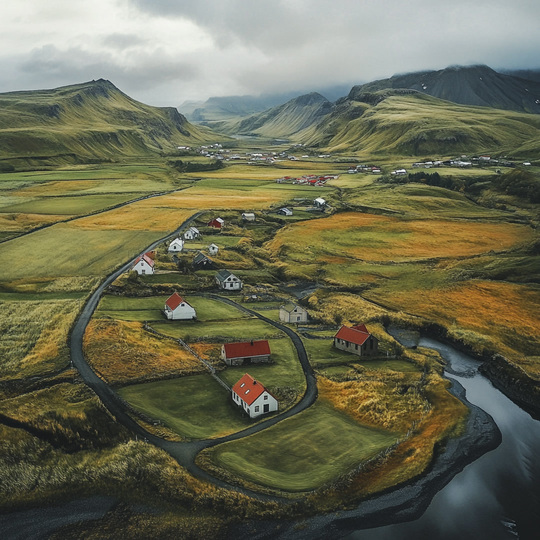Drohnenaufnahme eines Dorfes im Land