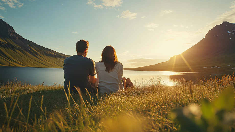 Paar übt Sprache bei Sonnenuntergang