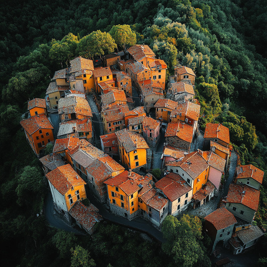 Drohnenaufnahme eines Dorfes im Land