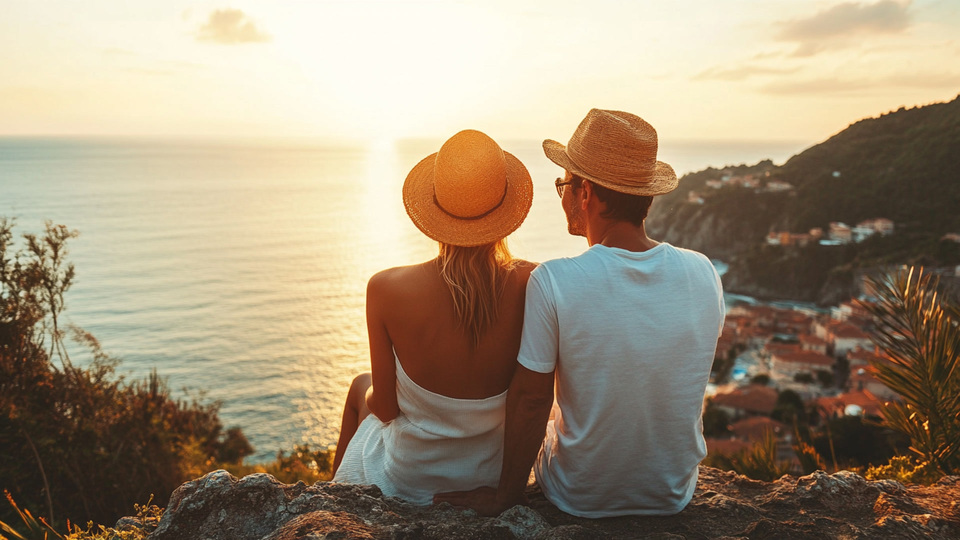 Paar übt Sprache bei Sonnenuntergang