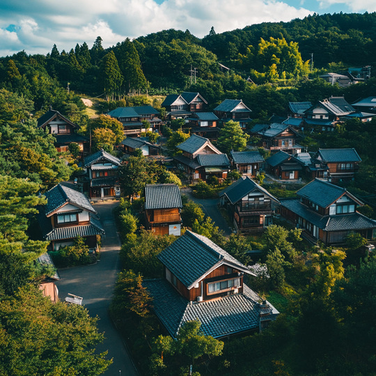 Drohnenaufnahme eines Dorfes im Land