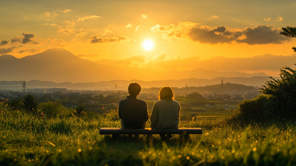 Paar übt Sprache bei Sonnenuntergang