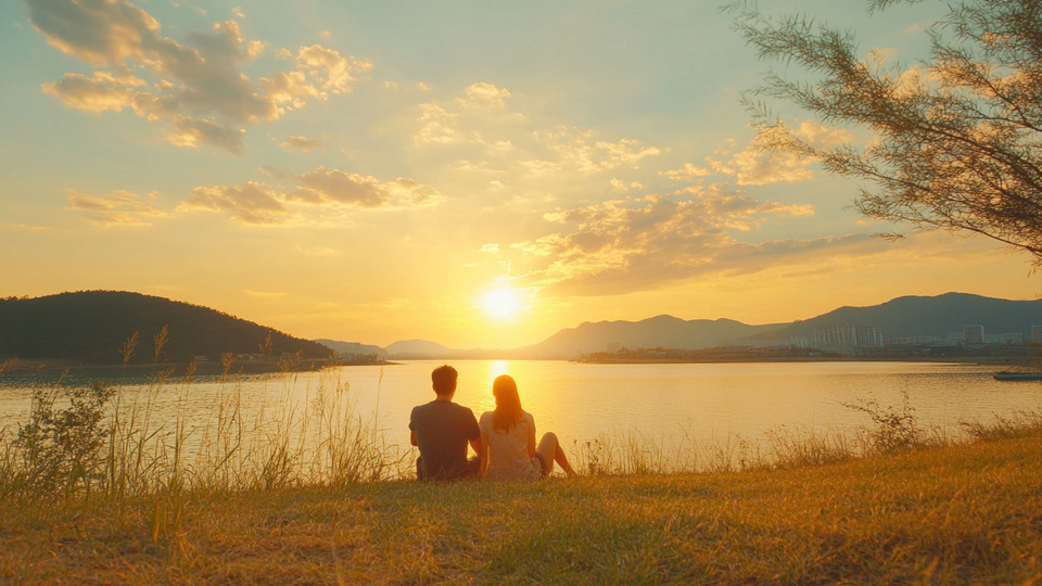 Paar übt Sprache bei Sonnenuntergang