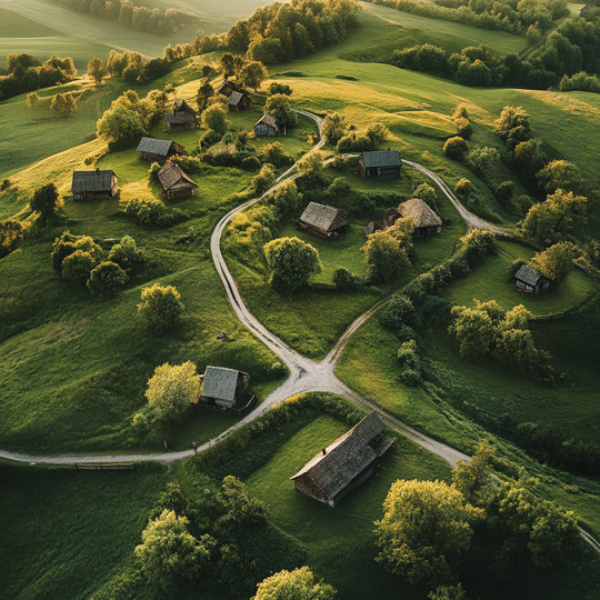 Drohnenaufnahme eines Dorfes im Land