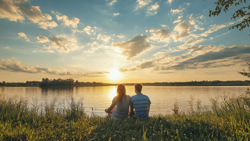 Paar übt Sprache bei Sonnenuntergang