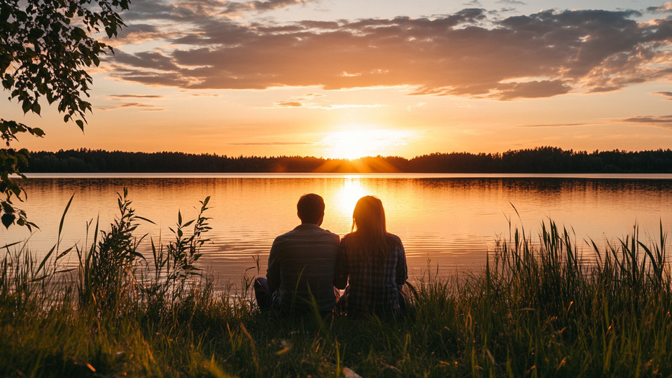 Paar übt Sprache bei Sonnenuntergang