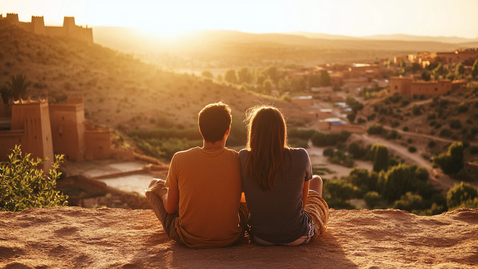 Paar übt Sprache bei Sonnenuntergang