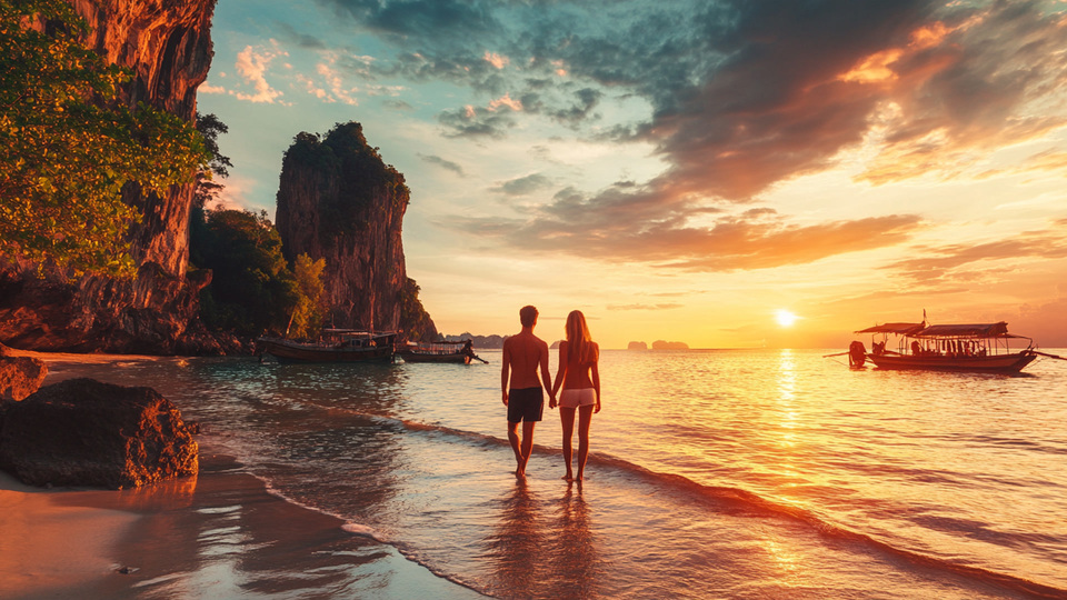 Paar übt Sprache bei Sonnenuntergang