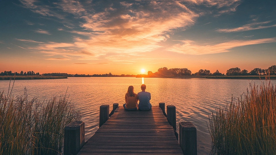 Paar übt Sprache bei Sonnenuntergang