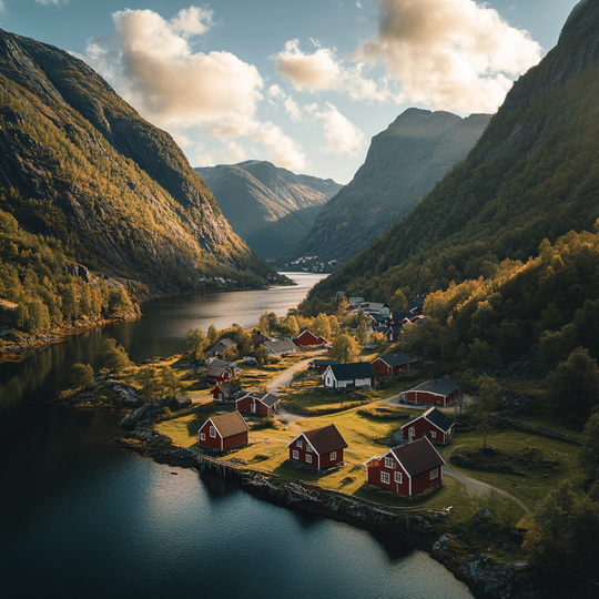 Drohnenaufnahme eines Dorfes im Land