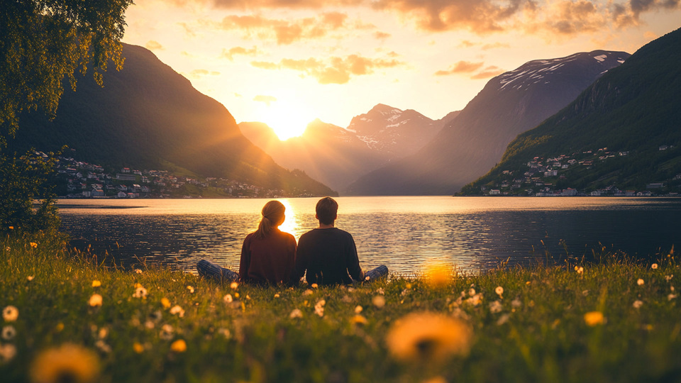 Paar übt Sprache bei Sonnenuntergang