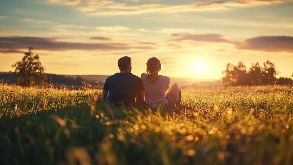 Paar übt Sprache bei Sonnenuntergang