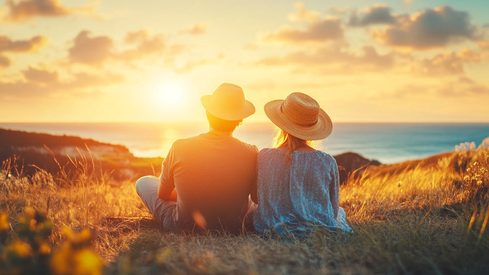 Paar übt Sprache bei Sonnenuntergang