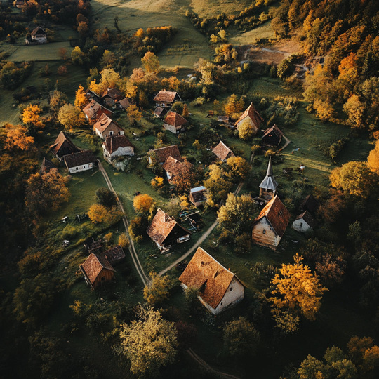 Drohnenaufnahme eines Dorfes im Land