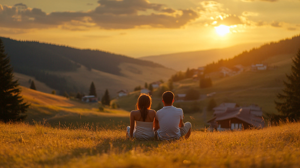 Paar übt Sprache bei Sonnenuntergang