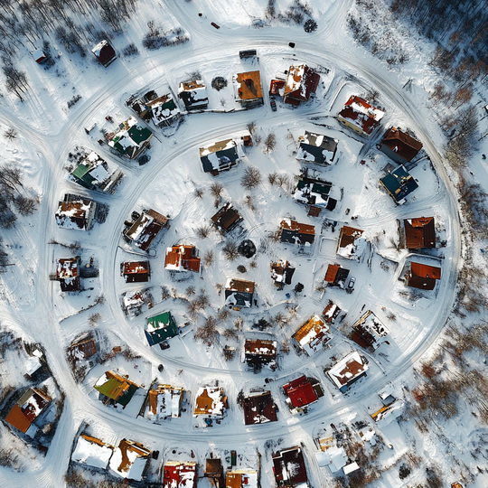 Drohnenaufnahme eines Dorfes im Land