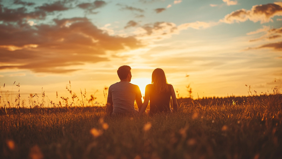 Paar übt Sprache bei Sonnenuntergang