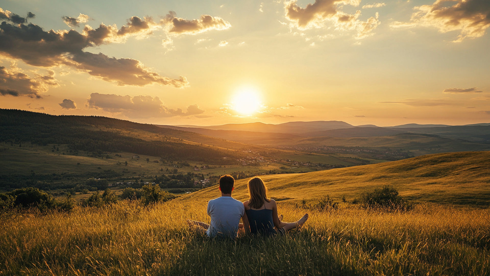 Paar übt Sprache bei Sonnenuntergang